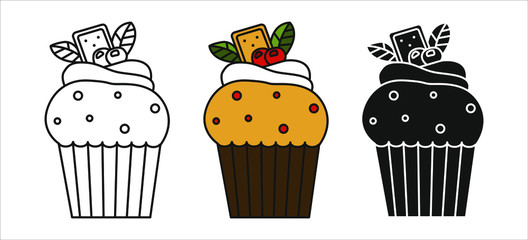 Set of vector cupcakes isolated on white background. Outline, silhouette and colored cupcake. Food design elements for the menu, bakery logo, web, postcards.
