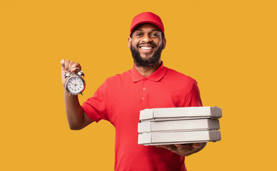 Courier Delivering Pizza On-Time Holding Boxes And Clock, Yellow Background