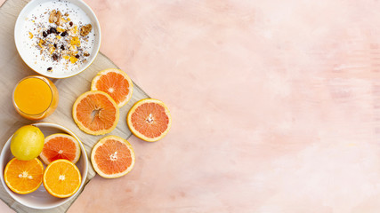 Top view frame with healthy juice and copy-space