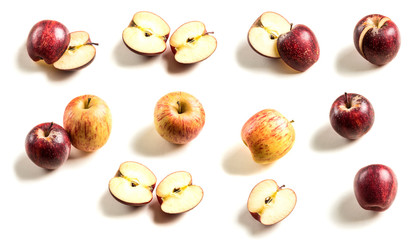 Ripe natural Apple. Juicy Apple isolated on white. red and yellow Apple. Selection of apples. Different, whole and cut.