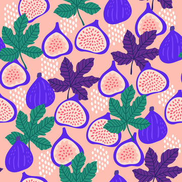 Abstract fruit pattern with figs and leaves. Vector illustration in hand drawn style.