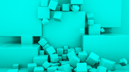 Abstract three-dimensional background of turquoise color. three-dimensional cubes. 3d render illustration