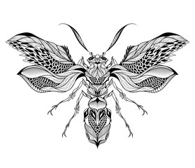 Bee / Wasp tattoo. psychedelic, zentangle style. vector illustration