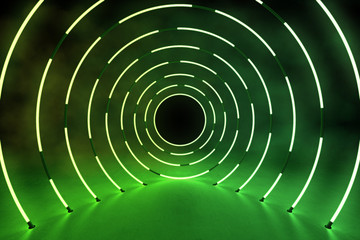 3D neon light background with circle tunnel in concrete floor and cement wall, 3d rendering of holographic technology for virtual reality green cyan spectrum laser show