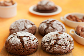 chocolate chip cookies on a gold background, homemade crumbly cookies
