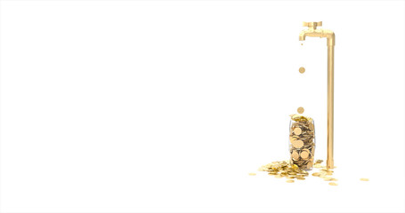 The gold dollar coin drop out of the water tap and falling on the jar and the floor. Isolated on a white ground. 3D illustration.