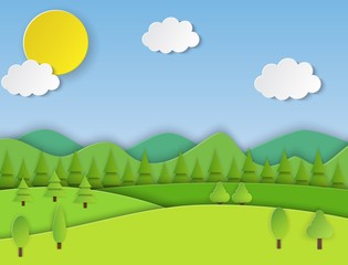 Paper cut summer landsape. Summer landscape with green hills and blue sky, white clouds. Vector illustration