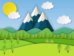 Paper cut summer landsape. Summer landscape with green hills and blue sky, white clouds. Vector illustration
