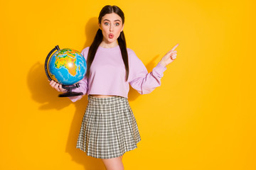 Fototapeta premium Portrait astonished school girl hold globe impressed ecological environment knowledge scream point finger copy space wear pink sweater checkered outfit isolated bright shine color background