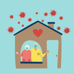 couple of elderly person with hygienic mask make self isolation with safety at home to avoid spreading coronavirus pathogen during the covid-19 epidemic isolated on blue background