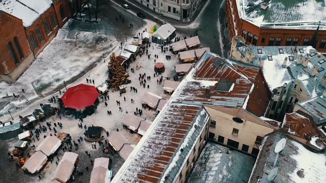 Aerial hyperlapse of christmas market in Riga oldtown