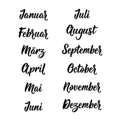 Translation from German - January, February, March, April, May, June, July, August, September October November December. Vector illustration. Lettering. Ink illustration.