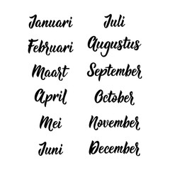 Translation from Dutch - January, February, March, April, May, June, July, August, September October November December. Vector illustration. Lettering. Ink illustration.