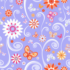 Seamless - flower curl pattern with butterfly