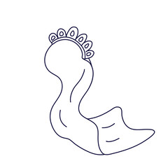 Wedding diadem with veil in doodle style. Hand drawn vector illustration in black ink isolated on white background.  Great for coloring book.