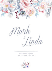 Wedding Invitation in  shabby chic style, rose floral invite, rsvp card. Soft watercolor blooming. White background. Perfect for scrapbooking, greeting cards, branding, etc.