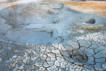 Hverarond geothermal area in Myvatn, Iceland. Steam vents and hot pools, muddy hot soil, sulfur...