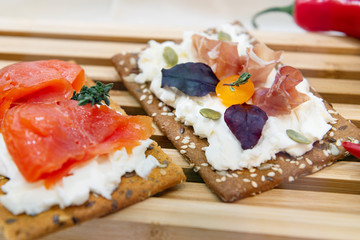 Sandwiches made from crispbread and cottage cheese.