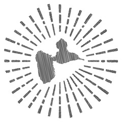 Hand drawn Basse-Terre Island shape with sun rays on white background. Vector illustration.
