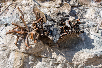 Fragments of the destroyed building. Fragments of concrete walls and foundations.