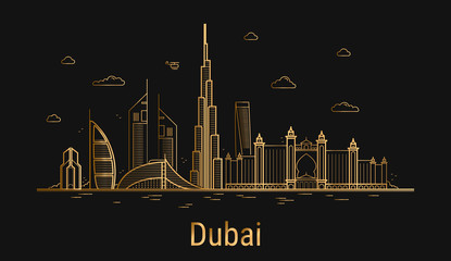 Dubai city line art, golden architecture vector illustration, skyline city, all famous buildings.