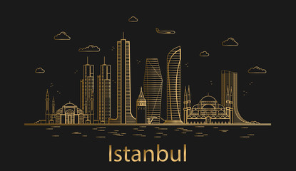 Obraz premium Istanbul city line art, golden architecture vector illustration, skyline city, all famous buildings.