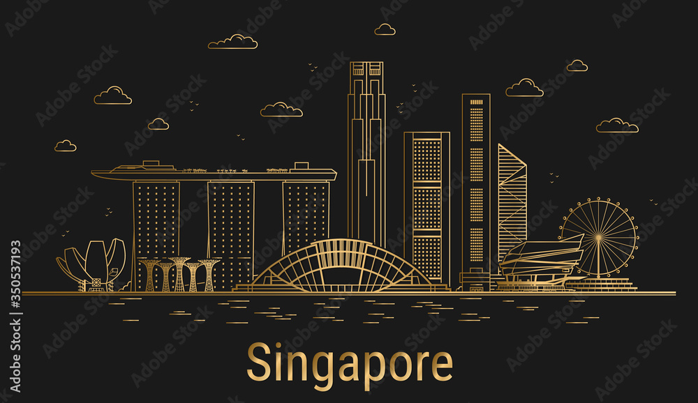 Wall mural Singapore city line art, golden architecture vector illustration, skyline city, all famous buildings.