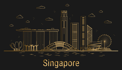 Singapore city line art, golden architecture vector illustration, skyline city, all famous buildings.