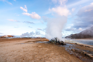 Hverarond geothermal area in Myvatn, Iceland. Steam vents and hot pools, muddy hot soil, sulfur...
