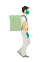 food delivery man in medical mask and gloves with backpack full length side view, flat vector illustration
