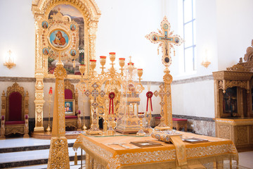 Russian church. Bride and groom in the church during the Christian wedding ceremony.