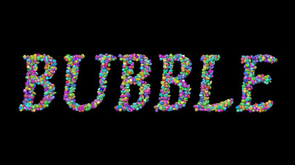 Obraz premium Colorful 3D writting of bubble text with small objects over a dark background and matching shadow
