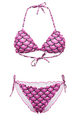 Detailed shot of a pink two-piece swimsuit consists of bikini and a triangle bra with thin straps. The swimsuit with scale pattern is isolated on the white background.