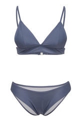 Detailed shot of a gray-blue two-piece swimsuit consists of bikini and a wireless triangle bra with...