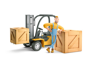 3d illustration. Cartoon character. Deliveryman in overalls standing next to a forklift.