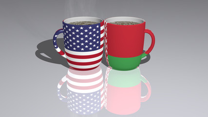 Relationship of UNITED STATES OF AMERICA AND BELARUS presented by their national flags on cups of tea or coffee as editorial or