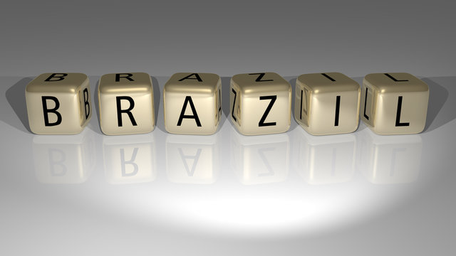 Brazil made by golden dice letters and color crossing for the related meanings of the concept