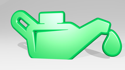 oil sign from a perspective on the wall. A thick sculpture made of metallic materials of 3D rendering