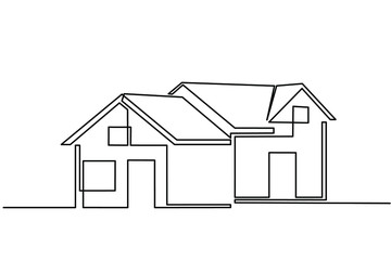 Continuous line drawing of exterior appearance of the front of the house with a roof. Modern. Townhouse building apartment. Home facade with doors and windows. house, roof, real estate