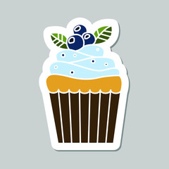 Vector cupcake sticker isolated on gray background. Food design elements for the menu, bakery logo, web, postcards, stickers.