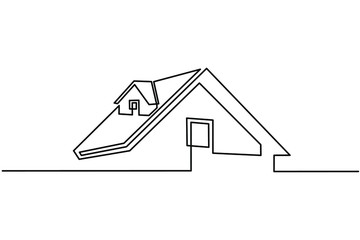 Continuous line drawing of exterior appearance of the front of the house with a roof. Modern. Townhouse building apartment. Home facade with doors and windows. house, roof, real estate