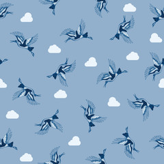 Crane Birds with Clouds in Blue Vector Seamless Pattern