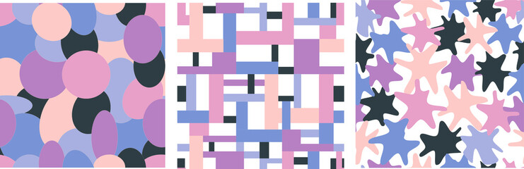 Set of three abstract modern seamless patterns. Different shapes and lines. Modern patchwork illustration in vector. Each template is isolated. Can be used for textile prints, stationery, backgrounds