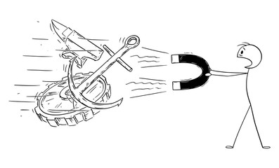 Vector cartoon stick figure drawing conceptual illustration of man holding big magnet attracting big dangerous pieces of old scrap metal like cog wheel,anvil and anchor.