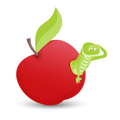 Red apple with green leaves and cartoon worm, isolated on white background.