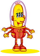 character cute yellow alien in a red spacesuit who friendly waves his hands, isolated object on a white background, vector illustration,