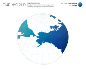 Polygonal world map. Modified stereographic projection for Alaska of the world. Yellow Green Blue colored polygons. Contemporary vector illustration.