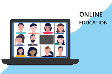Online Education. Online class, emergency shcool. Stay school learn study from home via teleconference, web chat during Coronavirus. Laptop with avatar student, teacher. Flat Vector Illustration.