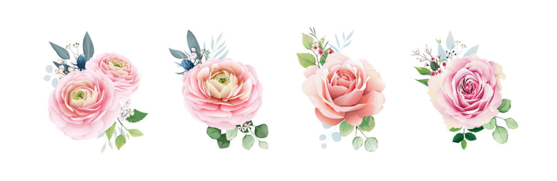 Floral romantic bouquets for wedding invite or greeting card. Pink peach Roses flower with Greenery leaves for wedding invite or greeting card. element set. vector