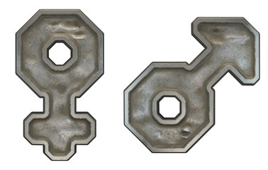 Set of symbols female and male made of industrial metal on white background 3d